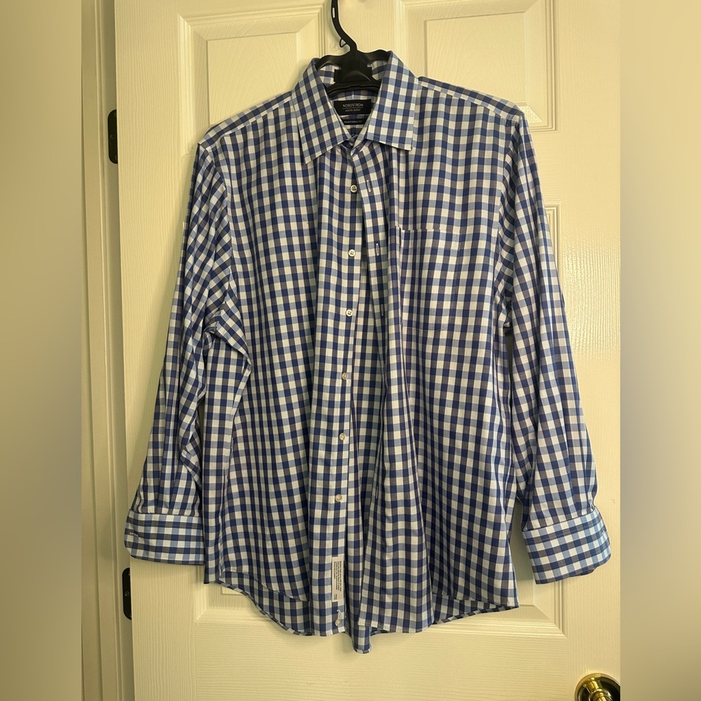 Nordstrom Men’s Blue & White Gingham Check Button-Down Shirt Neck 16